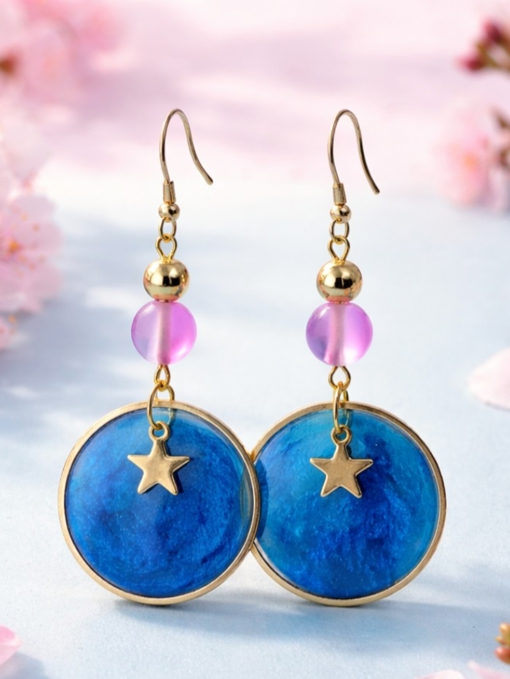 Gold-Plated Blue Star Drop Earrings with Pink Bead